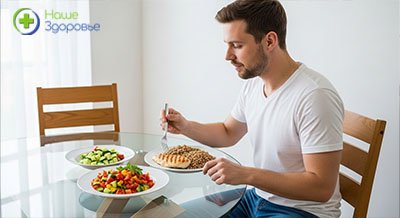 Мужчина обедает полезной едой